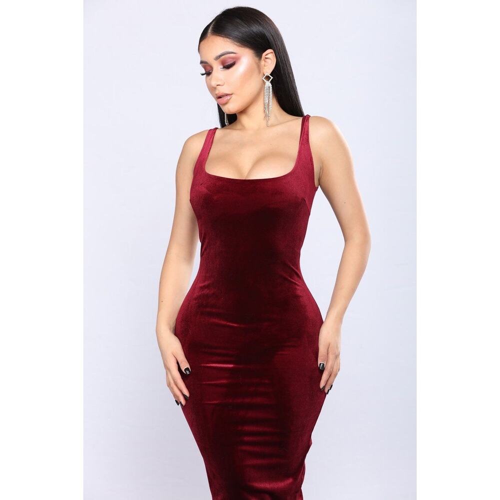 Bebe Burgundy Stretch Velvet Midi Dress